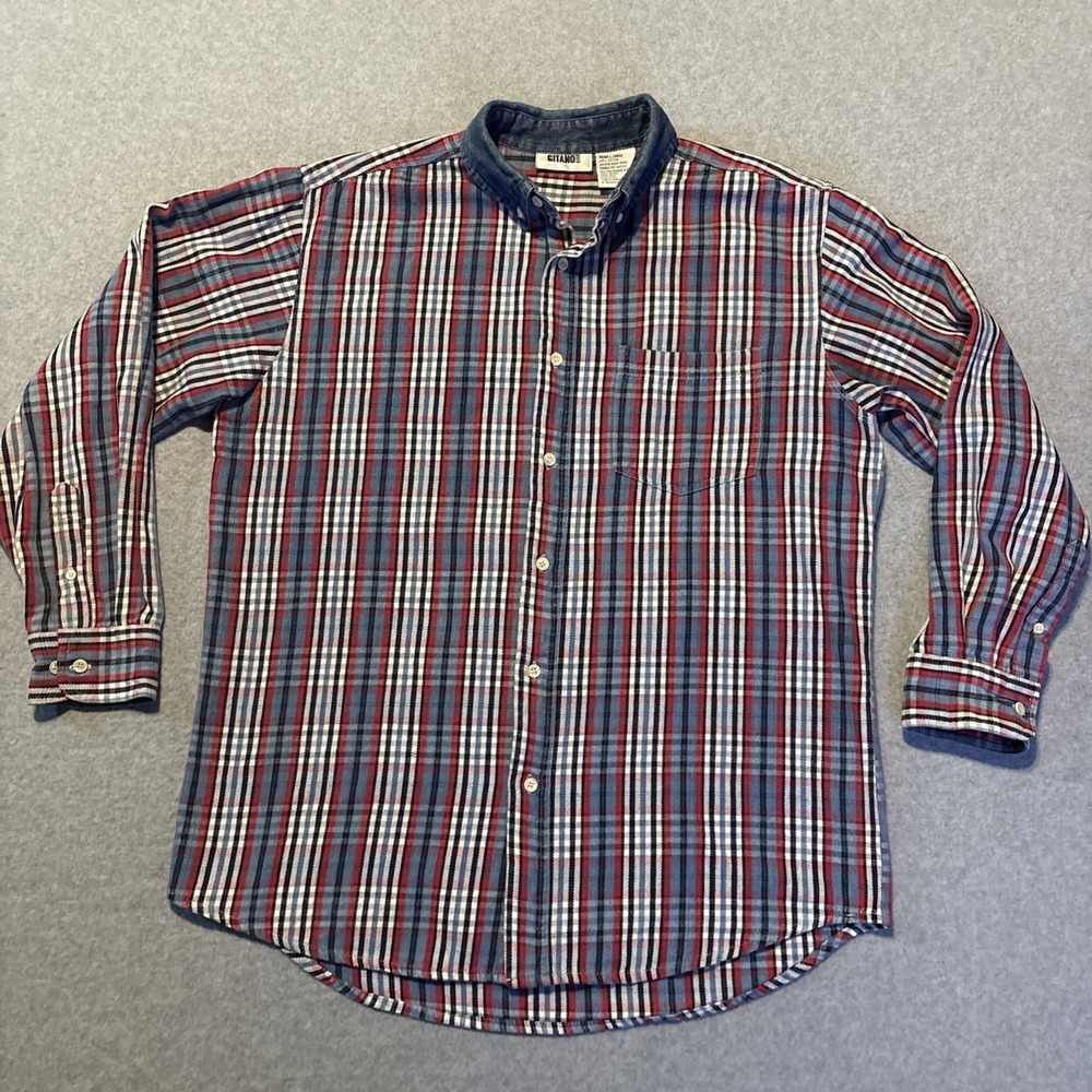Gitano VTG Long Sleeve Button Down Sz L 80s 90s Plaid Denim Collar